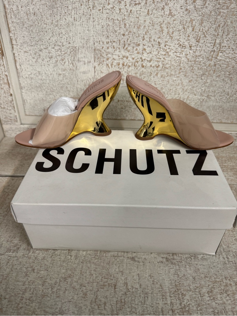 SCHUTZ Blush Patent Slide Mules with Gold Sculpted Heel